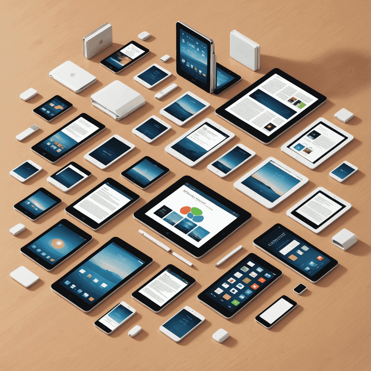 Illustration of various e-book formats and devices, including tablets, e-readers, and smartphones, with file format icons floating around them