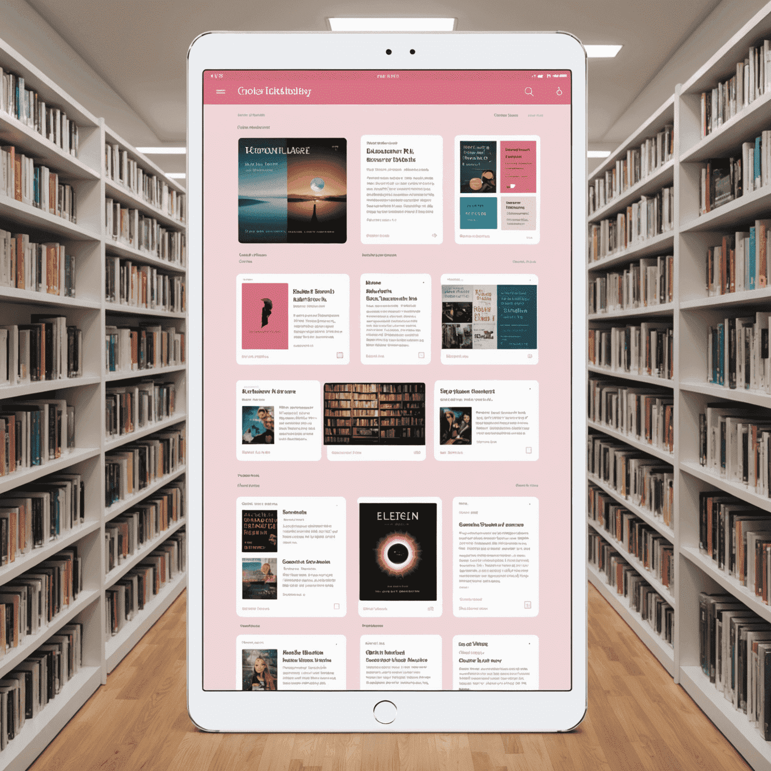 A digital library interface showing a collection of e-books, with a search bar and various sorting options. The interface is clean and modern, with a pink and white color scheme.