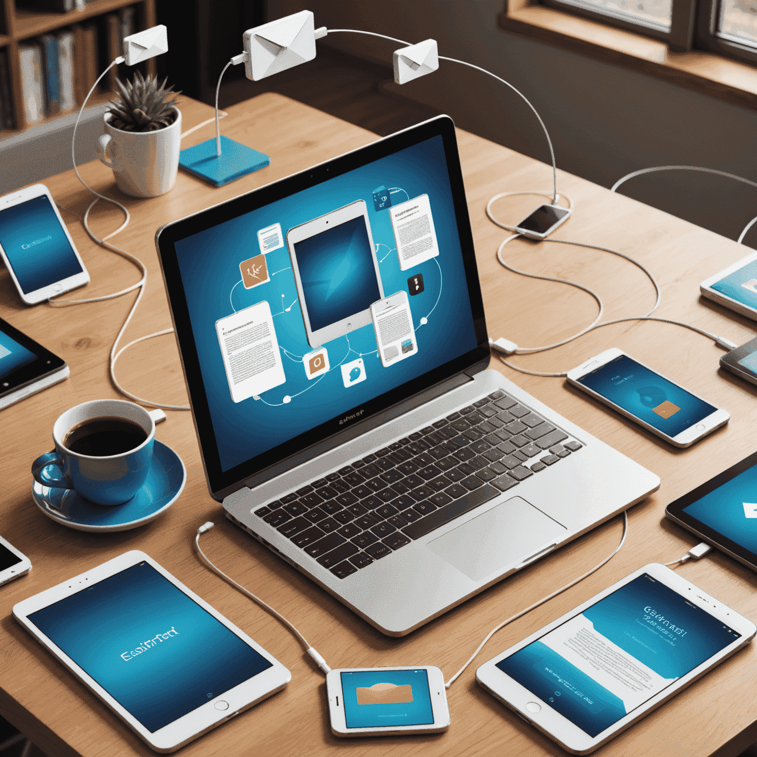 Illustration showing multiple devices (smartphone, tablet, e-reader, and laptop) connected by sync arrows, with book covers floating between them, representing a seamless Calibre library sync across devices