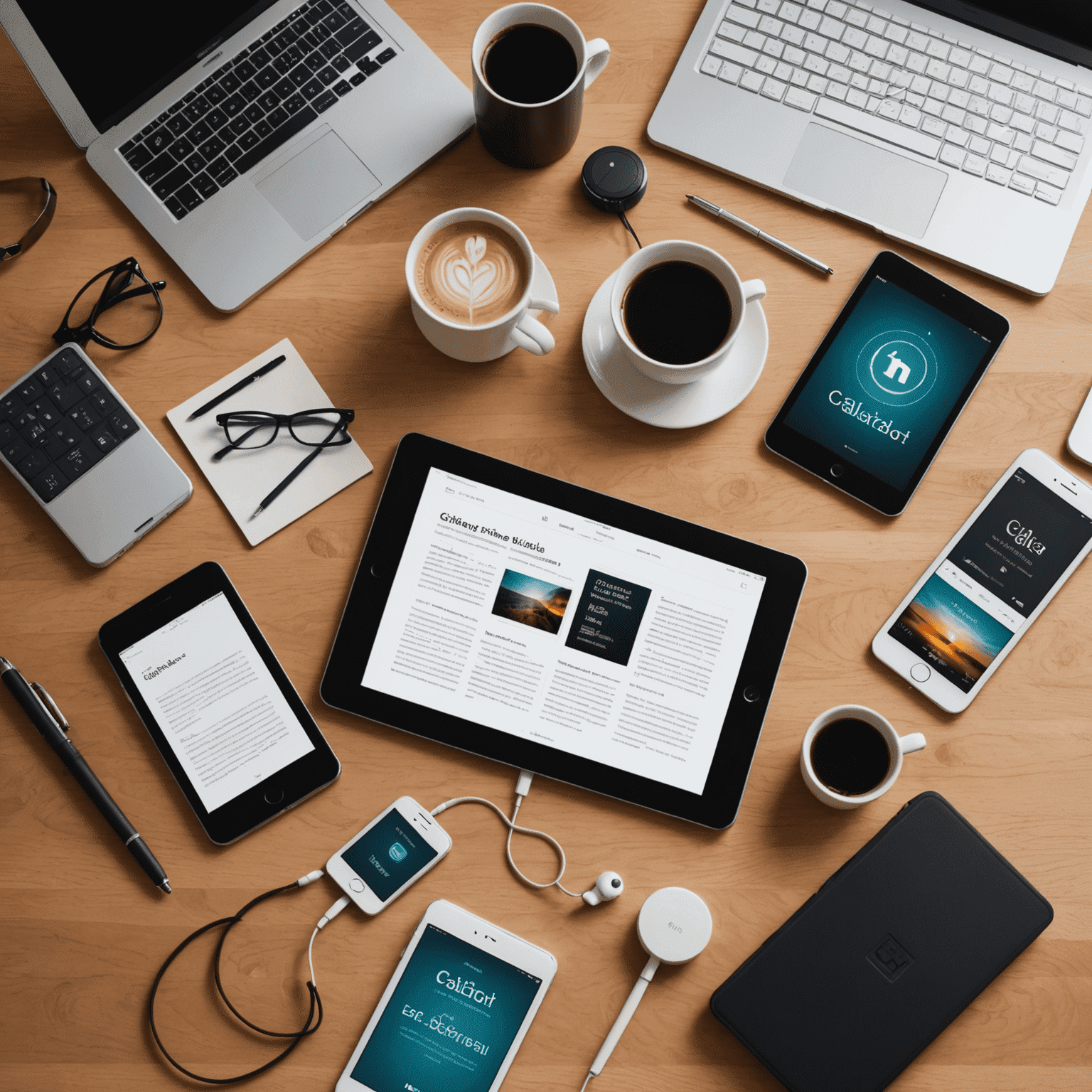 Illustration showing various e-book formats and devices, with Calibre logo in the center