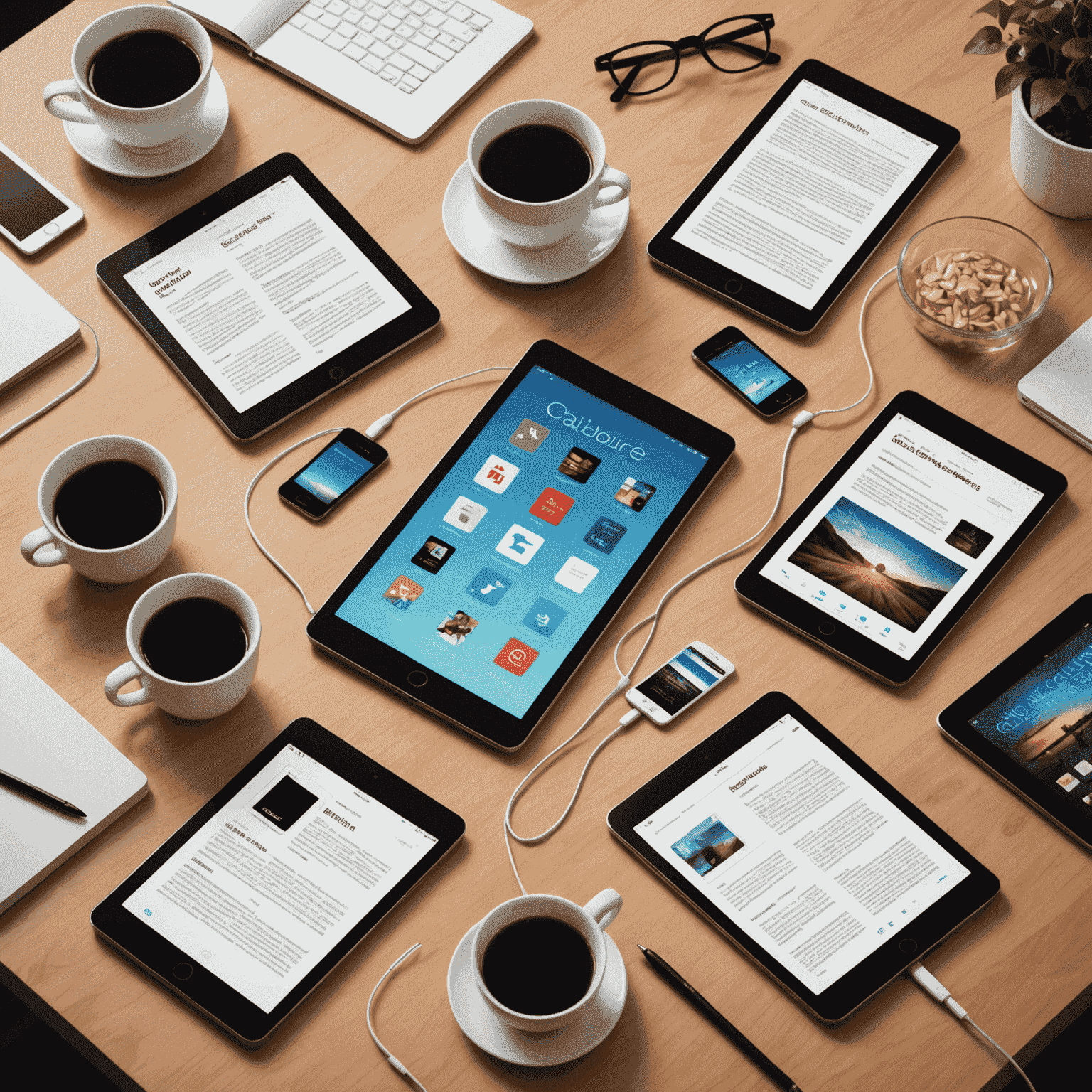 Illustration of Calibre syncing e-books across multiple devices including smartphones, tablets, and e-readers