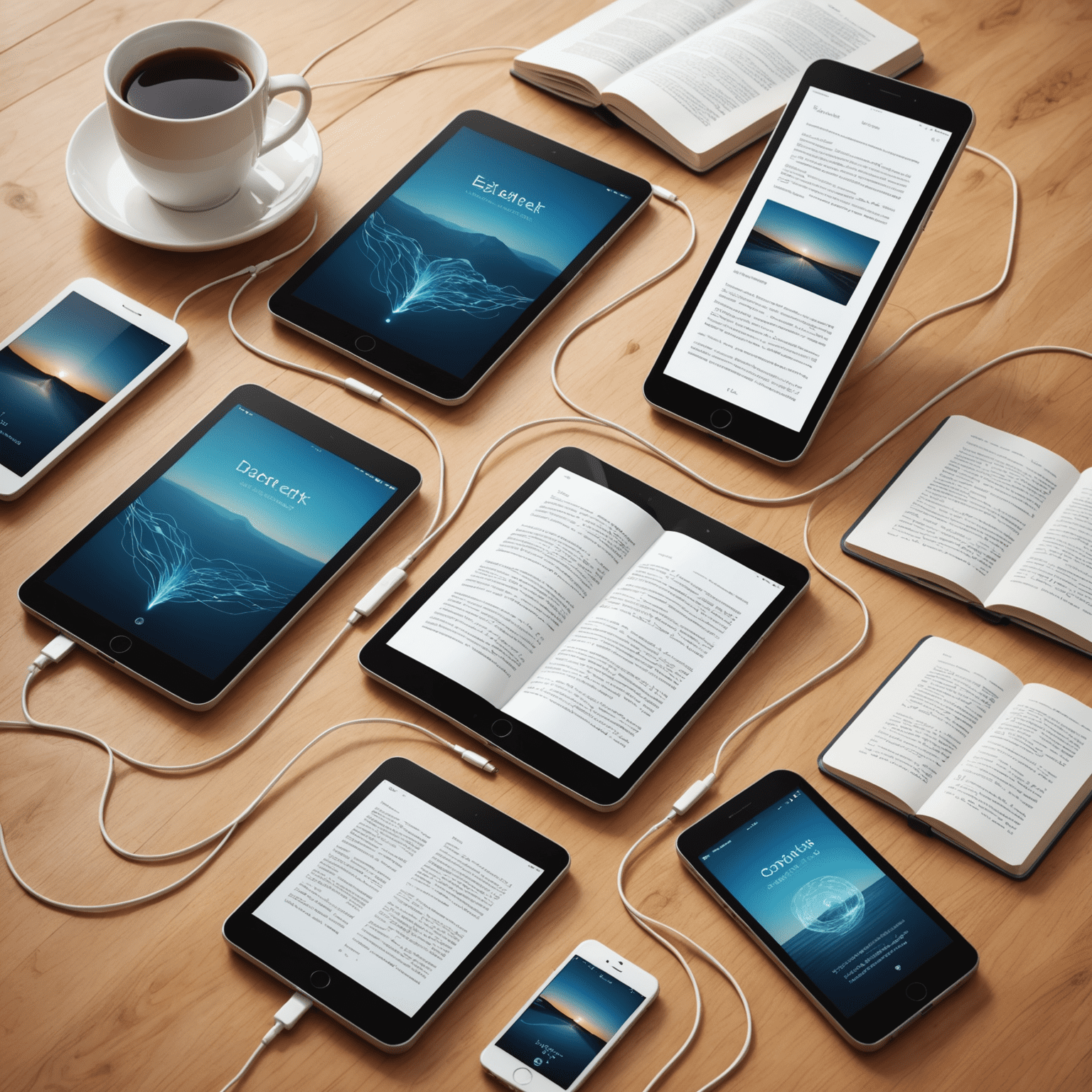 Multiple devices (smartphone, tablet, e-reader) connected by flowing lines, showing e-books syncing across them