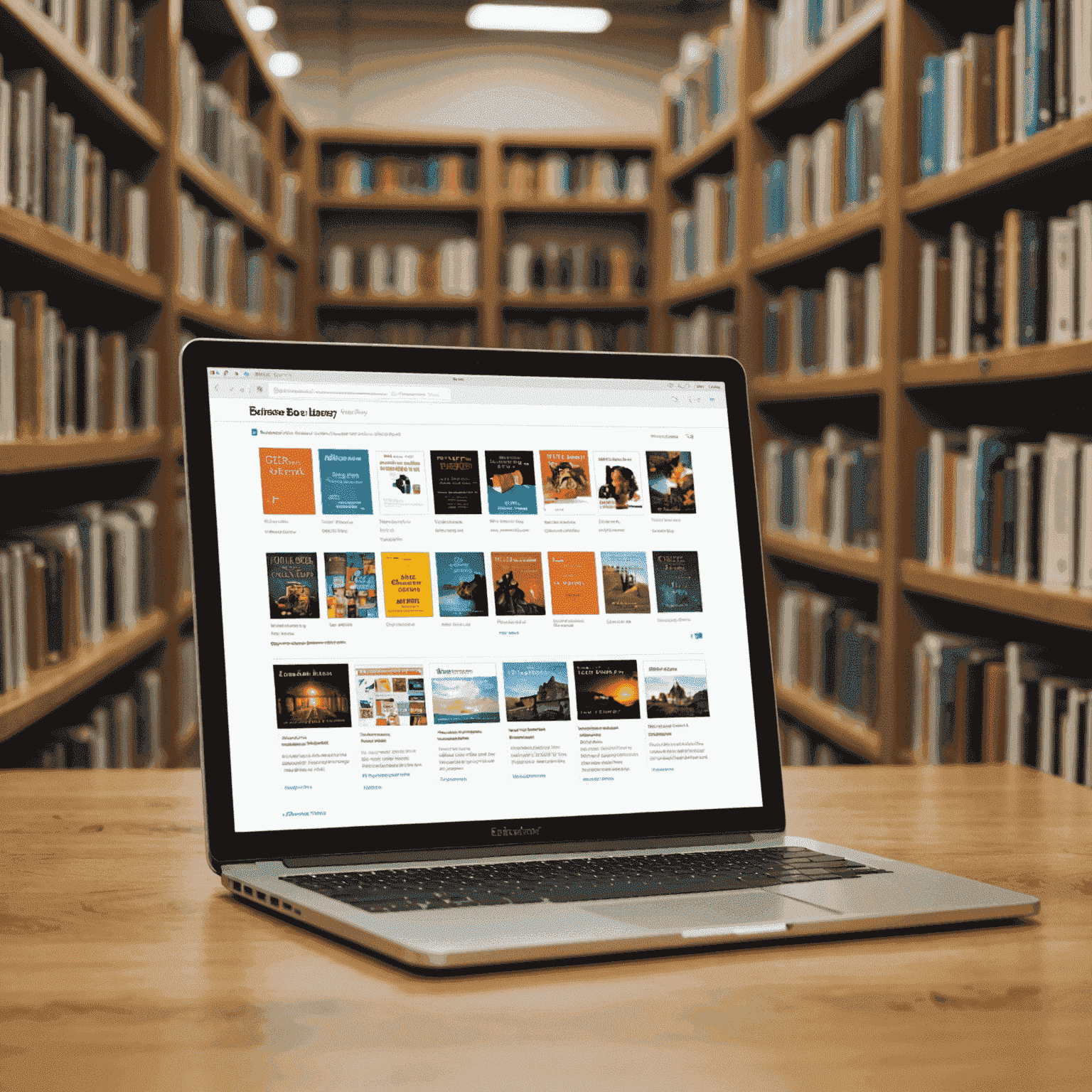 A laptop screen showing a library of e-books with download buttons, and arrows pointing to various e-reader devices